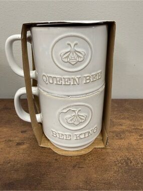 NWT His & Hers Mainstays White Stackable Mugs - Set of 2 Queen Bee & Bee King